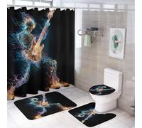 LUYYSKY Juego de 4 cortinas de ducha con diseño de guitarra de fantasía abstracta, calaveras góticas, música rock, juego de baño con alfombras antideslizantes, cubierta de tapa de inodoro y
