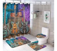 LUYYSKY Juego de 4 cortinas de ducha con diseño de guitarras vintage coloridas, instrumentos musicales abstractos rústicos, instrumentos, guitarra, con alfombras antideslizantes, cubierta de tapa de
