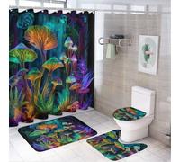 LUYYSKY Juego de 4 cortinas de ducha con diseño de hongos mágicos de fantasía, juego de baño con alfombras antideslizantes, cubierta de tapa de inodoro y alfombrilla de baño