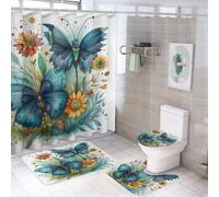 LUYYSKY Juego de 4 cortinas de ducha con diseño de mariposas rústicas, realistas, coloridas flores naturales, juego de baño con alfombras antideslizantes, cubierta de tapa de inodoro y alfombrilla de