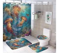 LUYYSKY Juego de 4 cortinas de ducha con diseño de medusas coloridas, juego de baño con alfombras antideslizantes, cubierta de tapa de inodoro y alfombrilla de baño