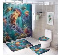 LUYYSKY Juego de 4 cortinas de ducha con diseño de medusas náuticas subacuáticas, colorido y hermoso tema de océano coral con alfombras antideslizantes, cubierta de tapa de inodoro y alfombrilla de