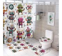LUYYSKY Juego de 4 cortinas de ducha con diseño de robot de dibujos animados, colorido y divertido tema alienígena, decoración de habitación de niños, juegos de baño con alfombras antideslizantes