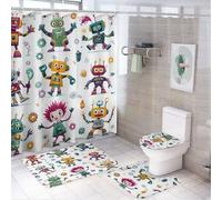 LUYYSKY Juego de 4 cortinas de ducha con diseño de robot de dibujos animados, divertido y colorido tema alienígena, decoración de habitación de niños, juegos de baño con alfombras antideslizantes