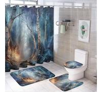 LUYYSKY Juego de 4 cortinas de ducha con pintura al óleo rústica, bosque brumoso, juego de baño vintage realista de abedul con alfombras antideslizantes, cubierta de tapa de inodoro y alfombrilla de