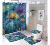 LUYYSKY Juego de 4 cortinas de ducha de diente de león rústico vintage, juego de baño con alfombras antideslizantes, cubierta de tapa de inodoro y alfombrilla de baño