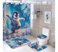 LUYYSKY Juego de 4 cortinas de ducha de pingüino de acuarela rústica, diseño de dibujos animados de pingüino antártico con alfombras antideslizantes, cubierta de tapa de inodoro y alfombrilla de baño