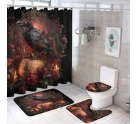 LUYYSKY Juego de 4 cortinas de ducha góticas de Halloween Ravens, fantasía, calabaza, rosa, floral, cuervo negro, con alfombras antideslizantes, cubierta de tapa de inodoro y alfombrilla de baño