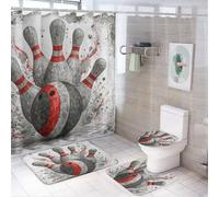 LUYYSKY Juego de 4 cortinas de ducha modernas de dibujos animados, diseño de bolos, estilo vintage, rústico, deportivo, con alfombras antideslizantes, cubierta de tapa de inodoro y alfombrilla de baño