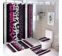 LUYYSKY Juego de 4 cortinas de ducha modernas y coloridas con estampado de leopardo, juego de baño con alfombras antideslizantes, cubierta de tapa de inodoro y alfombrilla de baño