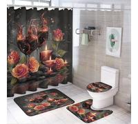 LUYYSKY Juego de 4 cortinas de ducha realistas de vino tinto vintage, hermosas velas románticas con copas de vino rosa con alfombras antideslizantes, cubierta de tapa de inodoro y alfombrilla de baño
