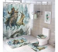 LUYYSKY Juego de 4 cortinas de ducha realistas y rústicas de vaquero occidental, estilo medieval, caballo, caza, vaqueros, con alfombras antideslizantes, cubierta de tapa de inodoro y alfombrilla de