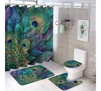 LUYYSKY Juego de 4 cortinas de ducha retro y hermosas plumas de pavo real, juego de baño de plumas verdes con alfombras antideslizantes, cubierta de tapa de inodoro y alfombrilla de baño