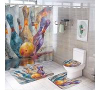 LUYYSKY Juego de 4 cortinas de ducha rústicas con diseño de bolos, coloridos y modernos graffiti con alfombras antideslizantes, cubierta de tapa de inodoro y alfombrilla de baño