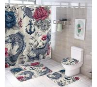 LUYYSKY Juego de 4 cortinas de ducha rústicas vintage con diseño de peces, ancla costera japonesa con alfombras antideslizantes, cubierta de tapa de inodoro y alfombrilla de baño