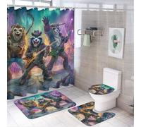LUYYSKY Juego de cortina de ducha con diseño retro de animales divertidos, dibujos animados, música, guitarra, gato, mono, oso, oso, juego de decoración de baño con alfombras, juego de cortina de