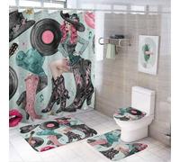 LUYYSKY Juego de cortina de ducha de acuarela con graffiti, estilo vintage, abstracto, moderno, con botas de vaquera, guitarra, decoración de baño con alfombras, juego de cortina de ducha de baño