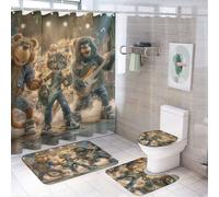 LUYYSKY Juego de cortina de ducha de dibujos animados, diseño retro divertido de animales, guitarra, gato, mono, oso, oso, juego de decoración de baño con alfombras, juego de cortina de ducha de baño