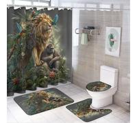 LUYYSKY Juego de cortina de ducha de león con pintura al óleo, realista rústico, loro, tropical, selva, árboles, florales, vida silvestre, león, decoración de baño con alfombras, juego de cortina de