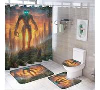 LUYYSKY Juego de cortina de ducha realista con diseño de robot, diseño moderno de extraterrestres con temática futura de ciudad, puesta de sol, juego de decoración de baño con alfombras, juego de