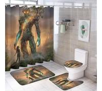 LUYYSKY Juego de cortinas de ducha con diseño de robot realista, 4 piezas, diseño moderno de fantasía, película futura, puesta de sol, juegos de baño con alfombras antideslizantes, cubierta de tapa de