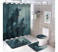 LUYYSKY Majestic - Juego de 4 cortinas de ducha con diseño de lobo rústico, pintura al óleo realista, cuervo, lobos, con alfombras antideslizantes, cubierta para tapa de inodoro y alfombrilla de baño
