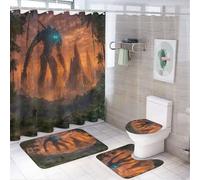 LUYYSKY Modern Cool Robot - Juego de 4 cortinas de ducha, diseño realista de extraterrestre con temática de la ciudad futura y puesta de sol, juego de baño con alfombras antideslizantes, cubierta de