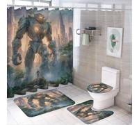 LUYYSKY Modern Fantasy Robot - Juego de 4 cortinas de ducha, diseño realista de extraterrestres con película futura de ciudad futura, puesta de sol con alfombras antideslizantes, cubierta de tapa de