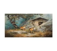 LUYYSKY Toalla de playa de secado rápido con pintura al óleo vintage, cabaña rústica, otoño, bosque brumoso, granja, vida silvestre, ciervos, viajes, vacaciones, toallas de baño de una sola cara