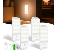 Luz Armario con Sensor de Movimiento, 4 Piezas Luz Nocturna Recargable Tipo-C con 3 Modos de Iluminación, Luz Noche con Banda Magnética para Armario, Pasillo, Escalera, Cocina, Garaje, Blanca Cálida