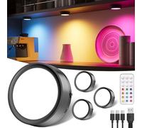 Luz Armario RGB Recargable USB, 2400mAh Foco LED Colores con Mando a Distancia y Iman Luces Vitrina Sin Cable Luz Armario Tactil Redondo Cocina Bajo Mueble Adhesiva Luces Nocturna Pilas con Pulsador