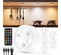 Luz Armario RGB Recargable USB - 2400mAh Regulable Luz Vitrina Colores con Mando A Distancia Luz Nocturna Pulsador Luz Led Bajo Muebl Cocina Adhesivo Sin Cable Foco LED Pilas Interior Inalambrico