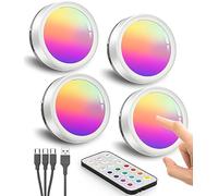 Luz Armario RGB Recargable USB, Batería de 1600mAh Regulable Luz Vitrina LED Sin Cable Foco LED Colores con Mando a Distancia Luces Cocina Bajo Mueble Tactil Inalambrica Luz LED Adhesiva con Pulsador