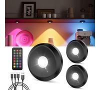 Luz Armario RGB Recargable USB, Negro Batería de 2400mAh Luz Vitrina LED Sin Cable Foco LED Colores con Mando a Distancia Lampara Adhesiva con Pulsador Luces Cocina Bajo Mueble Tactil Inalambrica