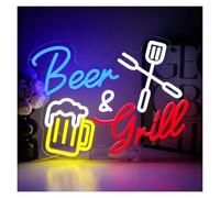 Luz de Diseño de Digital Letrero De Neón "Beer And Grill", Decoración De Pared Regulable Para Barbacoa, Bar, Cerveza, Hogar, Pub, Restaurante, Patio, Cueva De Hombre, 15.75x11.97inch