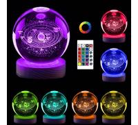 Luz de galaxia, 3.15 pulgadas, sistema solar 3D, bola de cristal, luz nocturna, 16 colores cambiantes, lámpara espacial con control remoto, base de madera LED, regalos de astronomía para niños, niñas