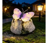 Luz de jardín de piedra de mariposa iluminada, estatua de jardín de mariposa LED solar con alas iluminadas, resina impermeable, decoración al aire libre para patio, césped, patio y camino (morado)