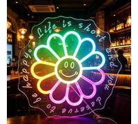 Luz de neón con cara sonriente de flores "Life is Short, You Deserve to be Happy", arte de pared LED estimulante para decoración del hogar, dormitorio, sala de estar, cafetería, salón, luz nocturna