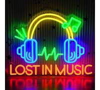 Luz de neón LED con diseño de arcoíris "Lost in Music" con auriculares y ondas de sonido, opción de texto personalizado para dormitorio, configuración de juegos o cabina de DJ