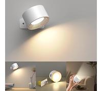 Luz de Pared de Interior, Lámpara de Pared con Batería de Carga USB, 3 Colores y 3 Niveles de Brillo Pared de Interior 360 ° Giratorio de Control Táctil Lámparas de Pared Inalámbricas (Blanco)