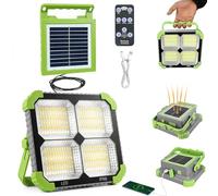 Luz de trabajo solar recargable de 100 W, reflector portátil de 10000 lúmenes con panel solar desmontable y control remoto, 5 modos de iluminación, carga de teléfono, impermeable IP66 para camping