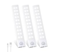 Luz LED Armario con Sensor de Movimiento 2000mAh, 20CM Luces Led Cocina, 40 LEDs Magnética Lampara Led USB-C Recargable 3 Color Luz Nocturna para Cocina, Escaleras, Armario, Pasillo, Garaje, 3 Piezas