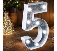 Luz LED de Número - Letrero de Luces de Número con Purpurina Plateada que se Ilumina, Perfecto para usar como Luz Nocturna o en Bodas, Fiestas de Cumpleaños, Decoración del Hogar (Número 5)