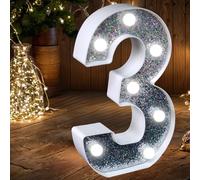Luz LED de Número - Luces de Número con Purpurina Plateada que se Iluminan, Letrero Perfecto para usar como Luz Nocturna o en Bodas, Fiestas de Cumpleaños, Decoración del Hogar (Número 3)