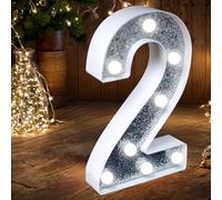 Luz LED de Número - Luces de Número con Purpurina Plateada que se Iluminan, Letrero Perfecto para usar como Luz Nocturna o en Bodas, Fiestas de Cumpleaños, Decoración del Hogar (Número 2)