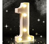 Luz LED Número 1, Luz LED Plateada con Purpurina, Luces de Números con Purpurina, Adecuadas para Decoración de Fiestas de Cumpleaños, Baby Shower, Fondo de Boda, Decoración del Hogar, 21,6 cm Número 1