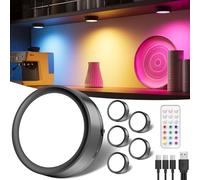 Luz LED Vitrina RGB Recargable USB, 2400mAh Foco LED Colores con Mando a Distancia y Iman Luz Armario Pilas Tactil Redonda Luz LED Cocina Bajo Mueble Sin Cable Adhesiva Luz Magnética con Pulsador