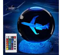 Luz nocturna de aviones, regalos de aviación, bola de cristal 3D, luz nocturna de avión con control remoto mejorado de 3.15 pulgadas, lámparas piloto con 16 colores para cumpleaños, Navidad, figuras
