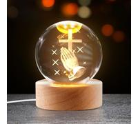 Luz nocturna de bola de cristal 3D, bola de cristal sagrada creativa con figura de Jesús, lámpara de bola de cristal LED con base de madera, manos orantes de cristal 3D estatua de cruz de Jesús regalo