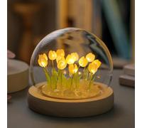 Luz nocturna de tulipán, decoración LED, flores artificiales con cúpula de cristal, regalo para el día de San Valentín, día de la madre, para mujeres, novia, esposa, madre, funciona con pilas
